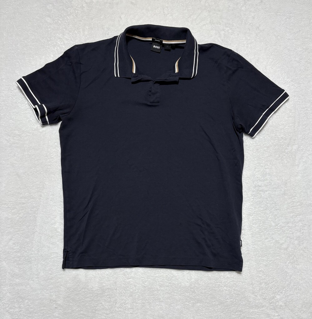 BOSS Polo Shirt Mens XL Navy Blue Mercersied Cotton Made Peru Tipped Collar Logo